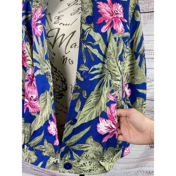 Chicos 1 Tahiti Tropis Linen Jacket Women M Button Front Side Pocket Long Sleeve - Picture 7 of 14